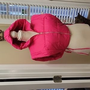 Bnigung cropped puffer vest tie waist sleeveless zipup hoodie Hot Pink Small New